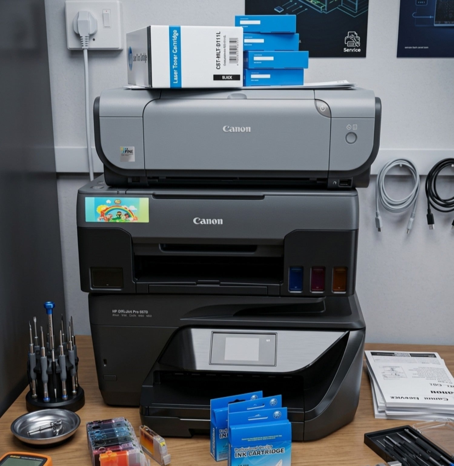 Printers and cartridges ready for service